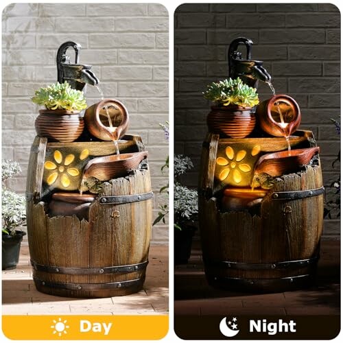 Day and night view of a garden fountain with pots and LED lights.