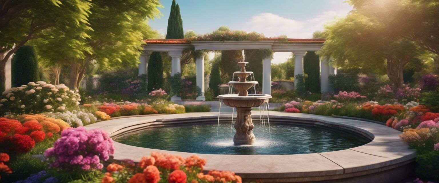 Fountain surrounded by colorful flowers