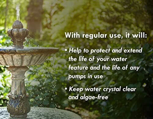 Fountain with text about water feature maintenance benefits