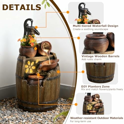 Multi-tiered barrel water fountain with planters and decorative elements.