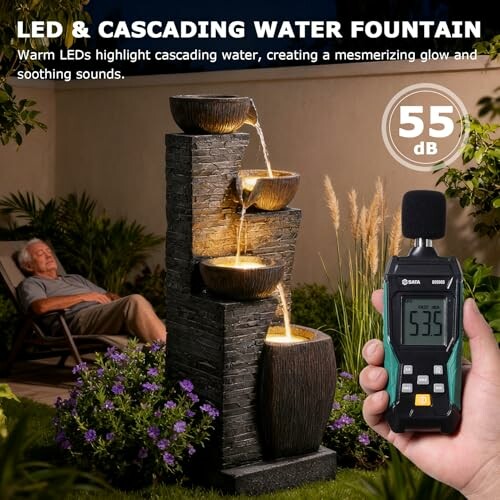 LED cascading water fountain with sound meter showing 55 dB, illustrating the soothing sound it produces.