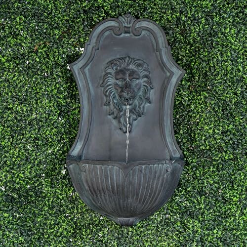 Lion head wall fountain on green foliage background