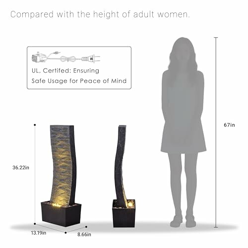 Comparison of two indoor water fountains with a silhouette of a woman for height reference.