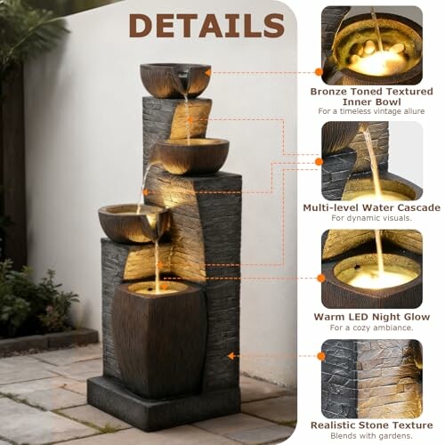 An outdoor water fountain with bronze-toned bowls, multi-level cascade, LED glow, and stone texture, showcasing its features and design.