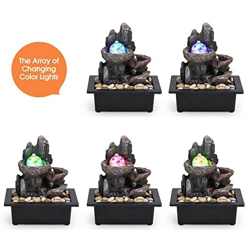 Tabletop water fountain with changing color lights.