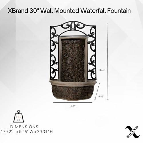 XBrand 30-inch wall mounted waterfall fountain with ornate metal frame and stone-textured basin.