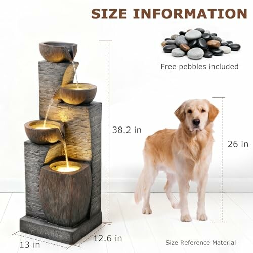 A decorative water fountain with a golden retriever in the foreground, showcasing the fountain's unique design and size.